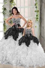 Suitable Beading and Ruffles Quinceanera Gowns White and Black Lace Up Sleeveless Floor Length