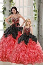 Decent Red And Black Ball Gowns Sweetheart Sleeveless Organza Floor Length Lace Up Beading and Ruffles Vestidos de Quinceanera