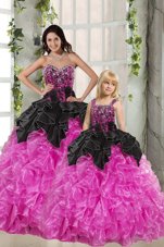 High Quality Sweetheart Sleeveless Quinceanera Dress Floor Length Beading and Ruffles Pink And Black Organza