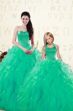 Excellent Turquoise Sweetheart Lace Up Beading and Ruffles Ball Gown Prom Dress Sleeveless