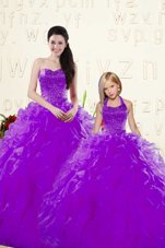 Sophisticated Eggplant Purple Sleeveless Organza Lace Up Quinceanera Dress for Military Ball and Sweet 16 and Quinceanera