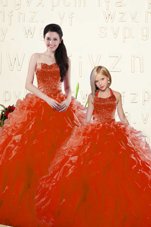 Cute Organza Sweetheart Long Sleeves Lace Up Beading and Ruffles Sweet 16 Quinceanera Dress in Red