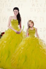Cheap Yellow Organza Lace Up Quince Ball Gowns Sleeveless Floor Length Beading and Ruffles