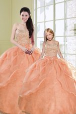 Fantastic Sleeveless Organza Floor Length Lace Up Sweet 16 Dresses in Orange for with Beading and Sequins