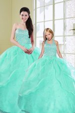 Affordable Sequins Turquoise Sleeveless Organza Lace Up Sweet 16 Quinceanera Dress for Military Ball and Sweet 16 and Quinceanera