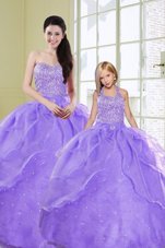 Stylish Lavender Lace Up Quince Ball Gowns Beading Sleeveless Floor Length