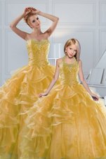 Charming Gold Sweet 16 Dresses Military Ball and Sweet 16 and Quinceanera and For with Beading and Ruffled Layers Sweetheart Sleeveless Lace Up