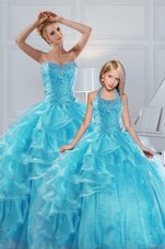 Custom Made Sleeveless Floor Length Beading and Ruffled Layers Lace Up Quinceanera Gown with Aqua Blue
