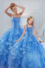 Baby Blue Ball Gowns Sweetheart Sleeveless Organza Floor Length Lace Up Beading and Ruffled Layers Quinceanera Gown