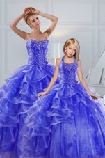 Romantic Beading and Ruffled Layers Quinceanera Dress Blue Lace Up Sleeveless Floor Length