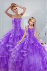 Graceful Lavender Ball Gowns Sweetheart Sleeveless Organza Floor Length Lace Up Beading and Ruffled Layers Vestidos de Quinceanera