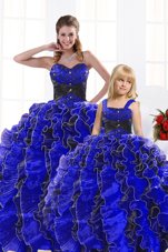 Wonderful Royal Blue Sleeveless Floor Length Beading and Appliques and Ruffles Lace Up Quinceanera Gown