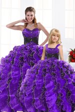 Best Selling Navy Blue Organza Lace Up 15 Quinceanera Dress Sleeveless Floor Length Beading and Appliques and Ruffles