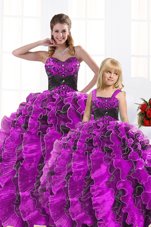 Affordable Fuchsia Sleeveless Organza Lace Up 15 Quinceanera Dress for Military Ball and Sweet 16 and Quinceanera