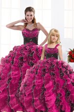 Wonderful Floor Length Hot Pink Ball Gown Prom Dress Organza Sleeveless Beading and Appliques and Ruffles