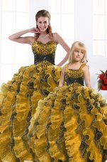 Colorful Beading and Appliques and Ruffles 15th Birthday Dress Gold Lace Up Sleeveless Floor Length