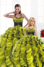 Sleeveless Floor Length Beading and Appliques and Ruffles Lace Up Quince Ball Gowns with Yellow Green