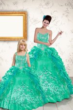 Deluxe Turquoise Sleeveless Floor Length Beading and Embroidery and Pick Ups Lace Up Quinceanera Gowns