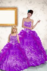 Floor Length Lace Up Quinceanera Gown Purple and In for Military Ball and Sweet 16 and Quinceanera with Beading and Embroidery and Pick Ups
