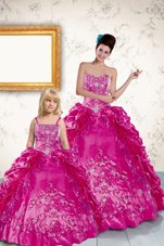 Affordable Floor Length Lace Up Quinceanera Gowns Fuchsia and In for Military Ball and Sweet 16 and Quinceanera with Beading and Appliques and Pick Ups