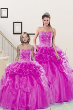 Sumptuous Sleeveless Organza Floor Length Lace Up 15 Quinceanera Dress in Fuchsia for with Beading and Pick Ups