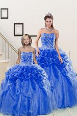 Fashion Blue Ball Gowns Organza Sweetheart Sleeveless Beading and Pick Ups Floor Length Lace Up Vestidos de Quinceanera