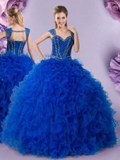 Dazzling Straps Cap Sleeves Lace Up Quince Ball Gowns Royal Blue Tulle