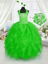 Superior Halter Top Sleeveless Floor Length Appliques and Ruffles Lace Up Little Girl Pageant Gowns with