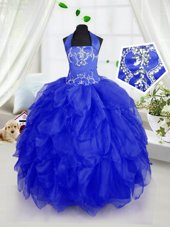 Lovely Halter Top Sleeveless Organza Kids Formal Wear Appliques and Ruffles Lace Up