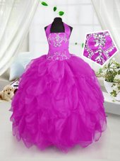 High Class Purple Halter Top Lace Up Appliques and Ruffles Girls Pageant Dresses Sleeveless