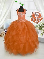 Beautiful Halter Top Orange Red Sleeveless Organza Lace Up Pageant Gowns For Girls for Party and Wedding Party