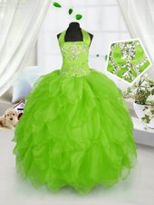Custom Designed Halter Top Neckline Beading and Ruffles Little Girls Pageant Gowns Sleeveless Lace Up