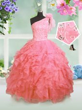 Gorgeous One Shoulder Organza Sleeveless Floor Length Pageant Gowns For Girls and Beading and Ruffles