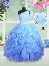 New Style Floor Length Baby Blue Girls Pageant Dresses One Shoulder Sleeveless Lace Up