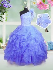 Latest Blue Organza Lace Up One Shoulder Sleeveless Floor Length Girls Pageant Dresses Beading and Ruffles