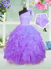 Latest One Shoulder Lavender Sleeveless Beading and Ruffles Floor Length Little Girls Pageant Gowns