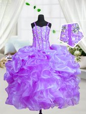 Exquisite Eggplant Purple Ball Gowns Beading and Ruffles Little Girls Pageant Dress Lace Up Organza Sleeveless Floor Length
