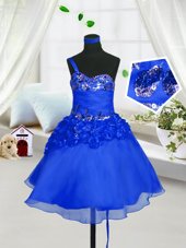 Top Selling Sleeveless Organza Knee Length Lace Up Girls Pageant Dresses in Blue for with Beading and Hand Made Flower