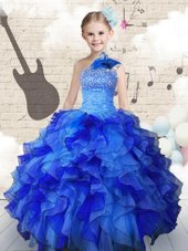 Artistic Organza Strapless Sleeveless Lace Up Beading and Ruffles Girls Pageant Dresses in Navy Blue