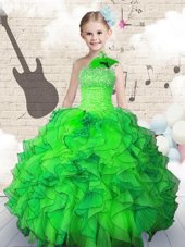 Custom Designed Green Organza Lace Up Strapless Sleeveless Floor Length Girls Pageant Dresses Beading and Ruffles