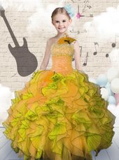 Best Orange Organza Lace Up Strapless Sleeveless Floor Length Little Girls Pageant Gowns Beading and Ruffles