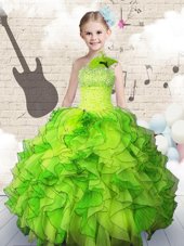 Custom Designed One Shoulder Sleeveless Lace Up Floor Length Beading and Ruffles Child Pageant Dress