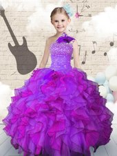 Latest Purple Ball Gowns One Shoulder Sleeveless Organza Floor Length Lace Up Beading and Ruffles Little Girl Pageant Dress