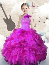 Fuchsia Lace Up One Shoulder Beading and Ruffles Little Girl Pageant Gowns Organza Sleeveless