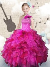Nice One Shoulder Hot Pink Organza Lace Up Little Girls Pageant Dress Sleeveless Floor Length Beading and Ruffles