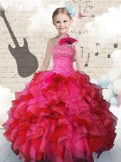 Trendy One Shoulder Rose Pink Sleeveless Floor Length Beading and Ruffles Lace Up Girls Pageant Dresses