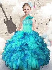 Luxurious One Shoulder Floor Length Aqua Blue Pageant Gowns For Girls Organza Sleeveless Beading and Ruffles
