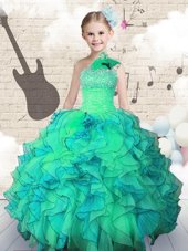 Fashion One Shoulder Sleeveless Lace Up Floor Length Beading and Ruffles Kids Pageant Dress