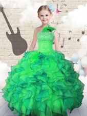 Nice One Shoulder Sleeveless Floor Length Beading and Ruffles Lace Up Little Girl Pageant Gowns with Green
