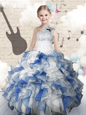 One Shoulder Sleeveless Organza Girls Pageant Dresses Beading and Ruffles Lace Up